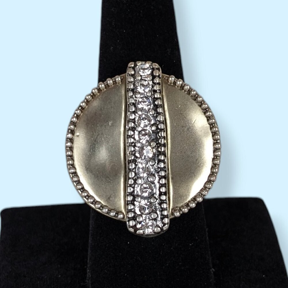 Round Brushed Metal White Rhinestone Accent Ring